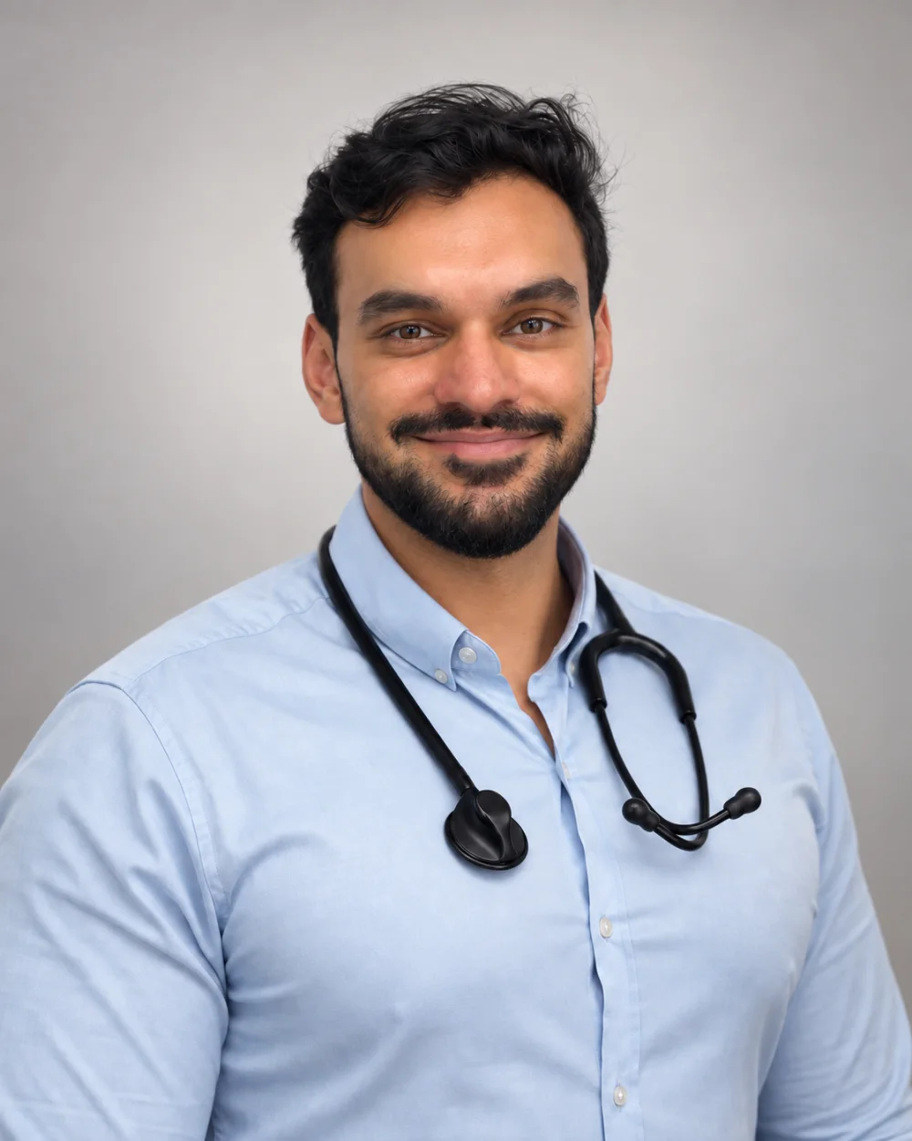 Dr. Sundeep Varma, studio portrait in a light blue shirt with a stethoscope around his neck